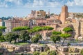 Scenic sight in the Roman Forum, with the Tower of the Militia and the Trajan`s Market. Rome, Italy.